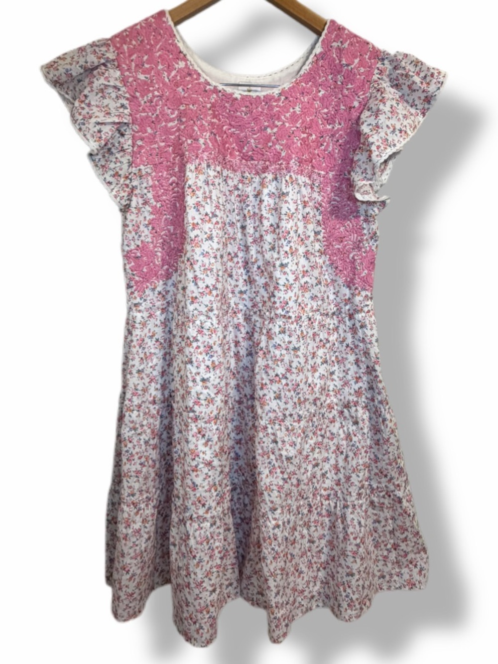 J. Marie Floral Embroidered Tiered Dress Pink White Size Large
